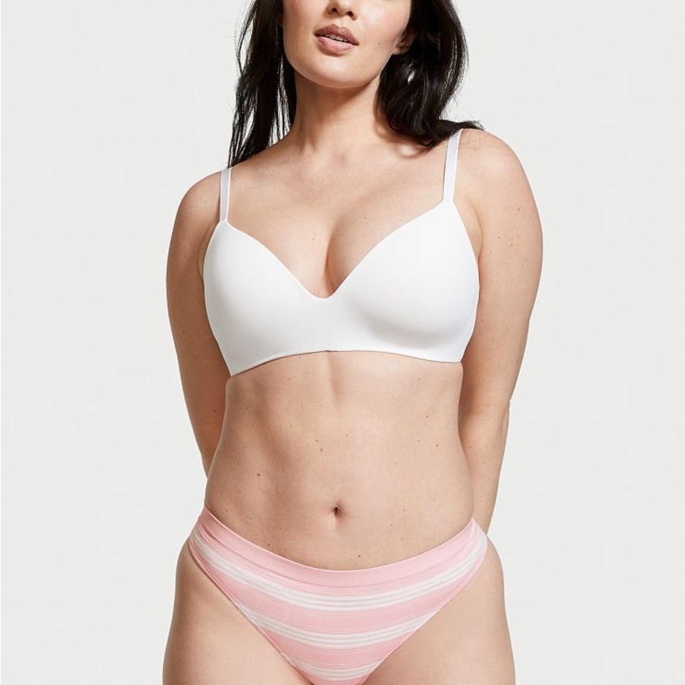 NWT VICTORIA'S SECRET PINK WHITE SHEER STRIPE SEAMLESS STRETCH THONG PANTY